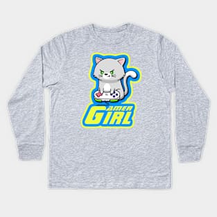 Gamer Girl Cat Kids Long Sleeve T-Shirt